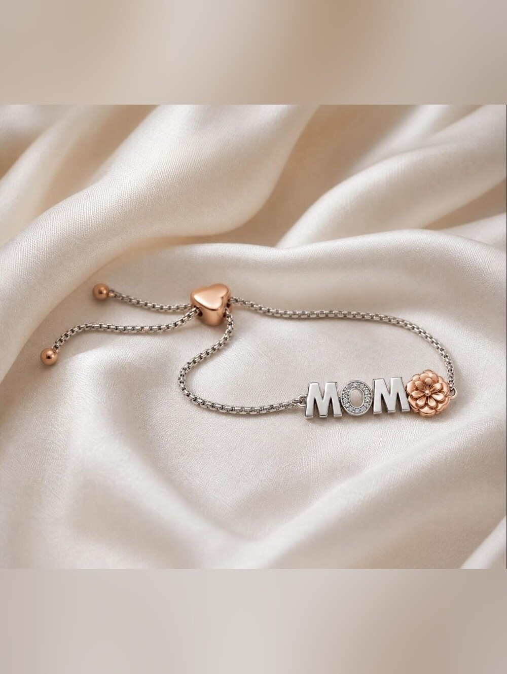 "MOM" Two-Tone Silver & Rose Gold Adjustable Charm Bracelet